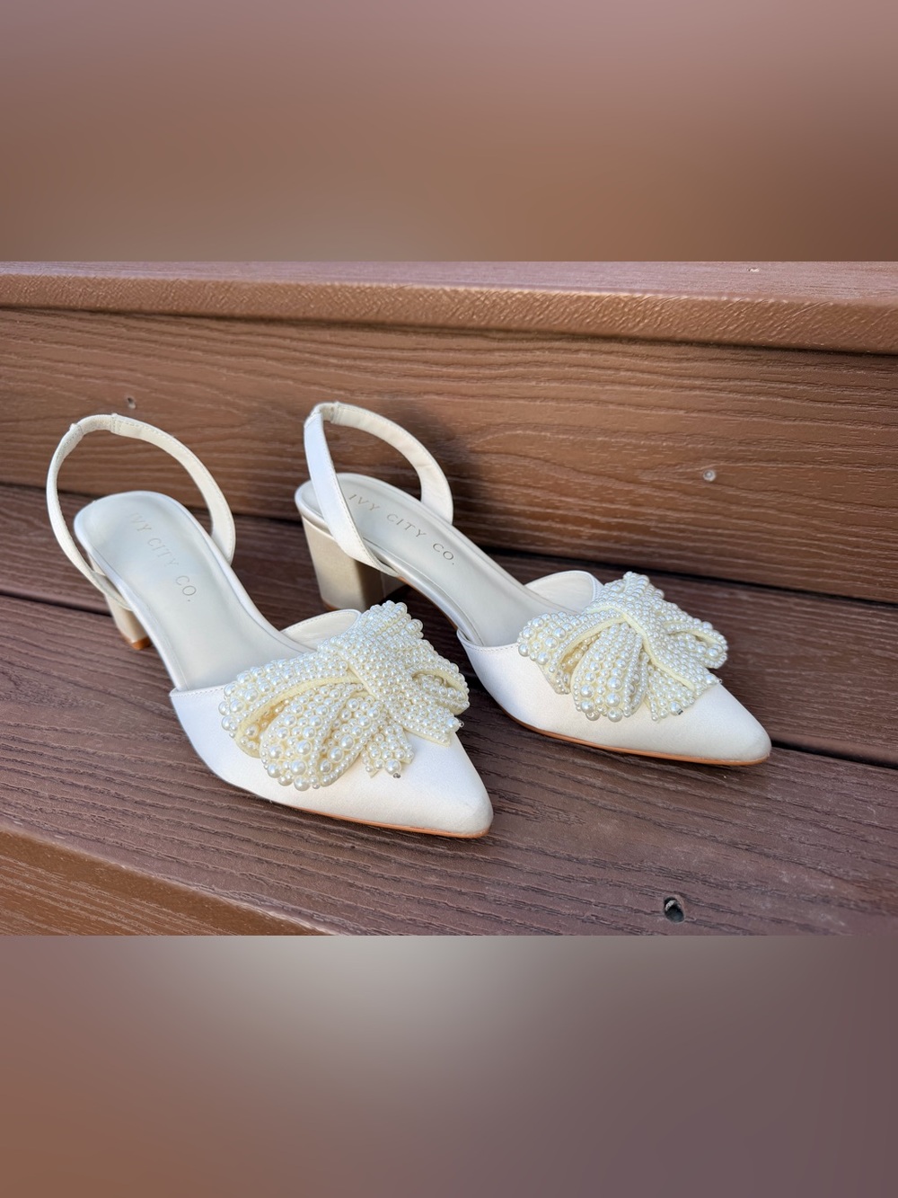 Ivy City Co Eloise Pearl Bow Heels Ivory White Slingback Wedding Shoes